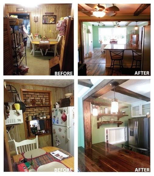 Inspiration for a small rustic eat-in kitchen remodel with a farmhouse sink, white cabinets, stainless steel appliances and an island
