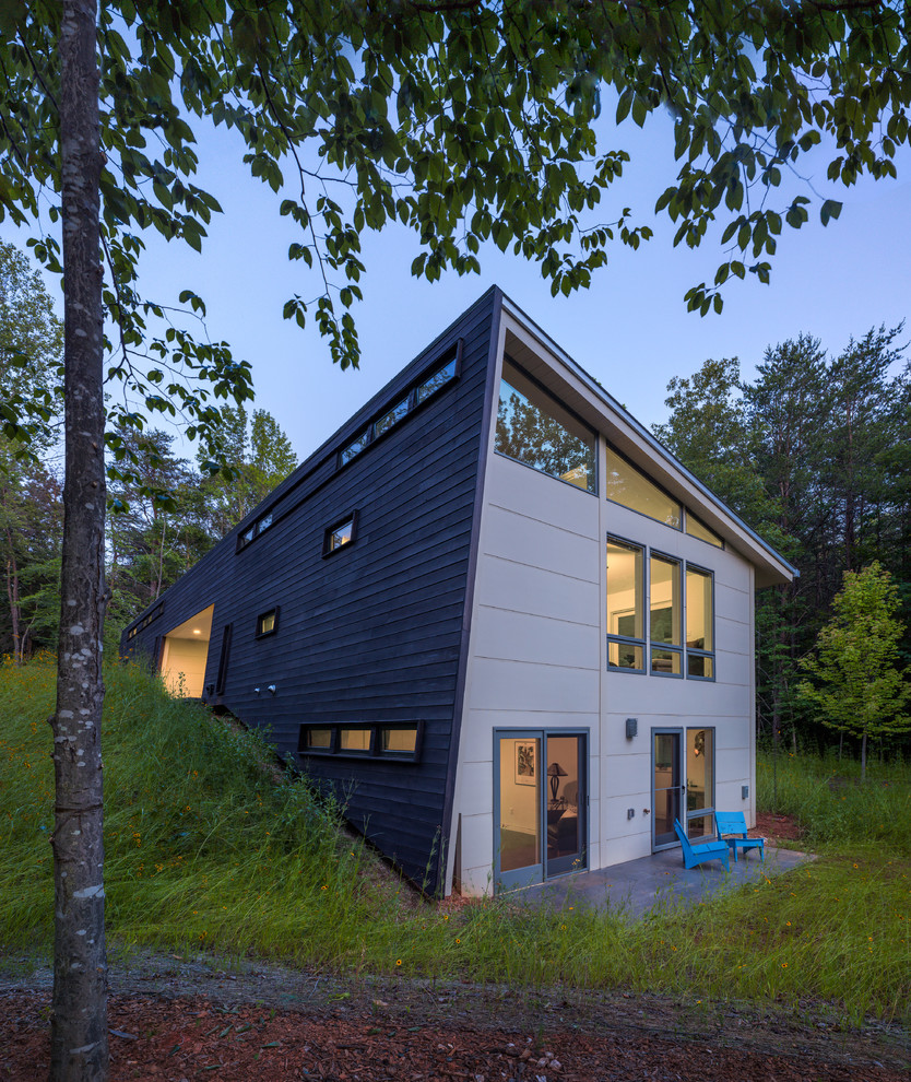 Inspiration for a small modern two-storey brown exterior in Richmond with wood siding.