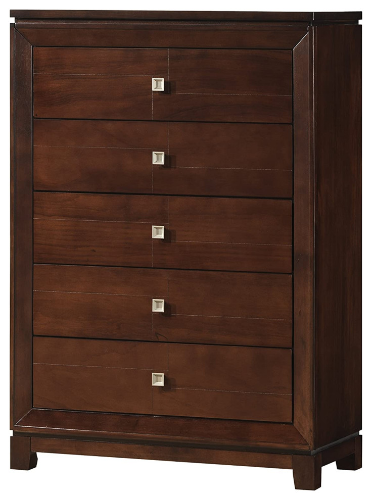 Contemporary Vertical Dresser, 5 Drawers With Square Knobs, Warm Cherry