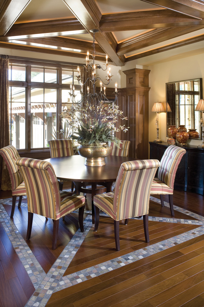 This is an example of a traditional dining room in Portland with beige walls and dark hardwood floors.