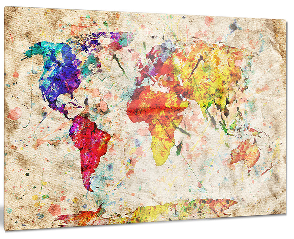 "Vintage World Map Watercolor" Maps Painting Glossy Metal Wall Art, 40