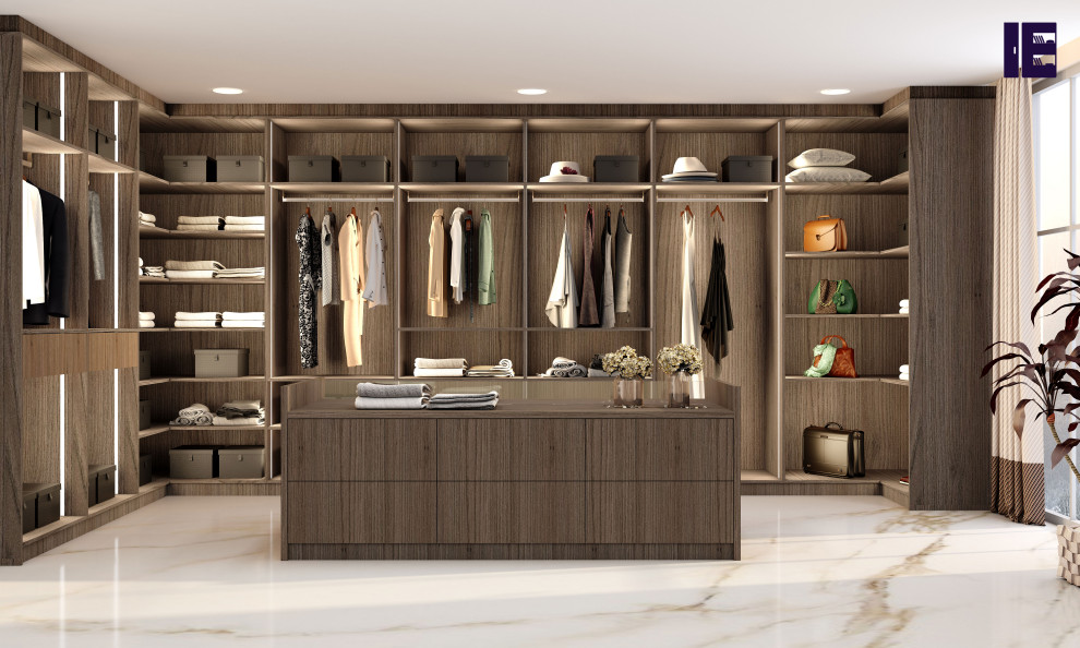 Inspiration pour une grande armoire encastrée minimaliste en bois foncé avec un placard sans porte, un sol en marbre et un sol blanc.