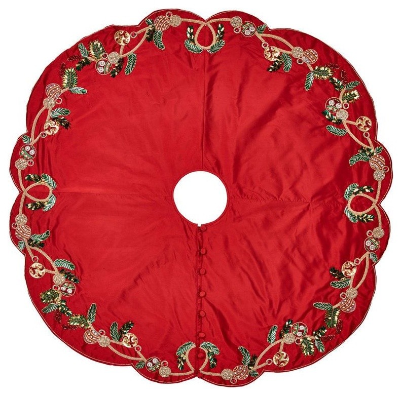 Kim Seybert Mistletoe Tree Skirt, Red/Green/Gold Traditional Christmas Tree Skirts by