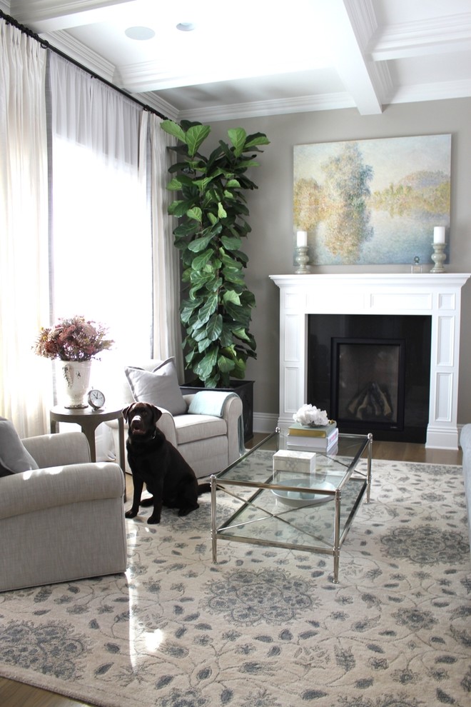 Inspiration for a mid-sized transitional formal enclosed living room with grey walls, medium hardwood floors, a standard fireplace, a plaster fireplace surround, no tv and brown floor.