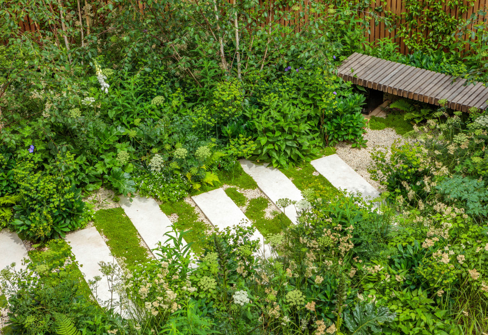 Diseño de jardín de secano actual de tamaño medio en verano en patio trasero con camino de entrada, exposición parcial al sol, adoquines de piedra natural y con madera