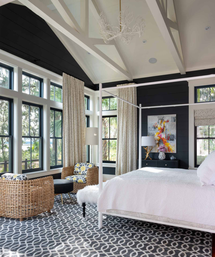 Inspiration for a farmhouse master vaulted ceiling bedroom remodel in Other