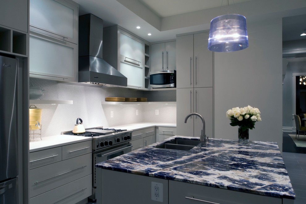 Contemporary kitchen in DC Metro with stainless steel appliances and blue benchtop.