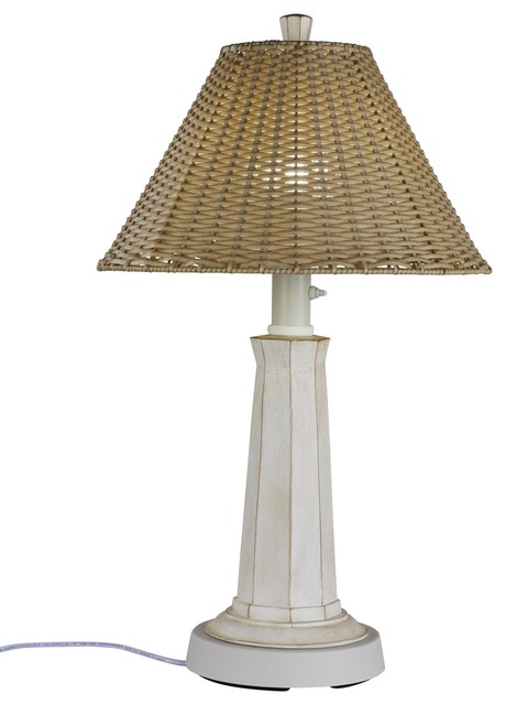 Nantucket Outdoor Table Lamp With Stone, Mocha Metal Table Lamp With Cream Shade