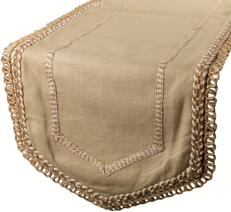 Jute Table Runner Jute Textured Fabric with Lace 14" x 60"-Jutish Touch