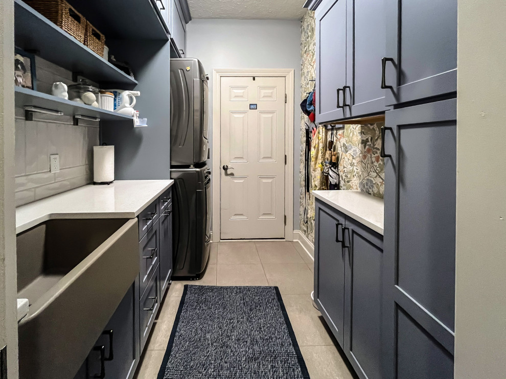 Laundry Room with Blue Painted Cabinetry and Sparkling White Quartz ...