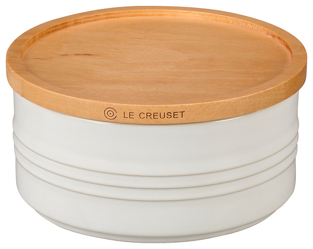 Le Creuset Canister With Wood Lid, White, 5.7"x5.7"x2.9"