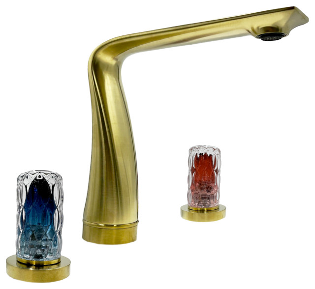Widespread 3 Hole Bath Faucet, Red and Blue Glass Handles(Brushed Gold