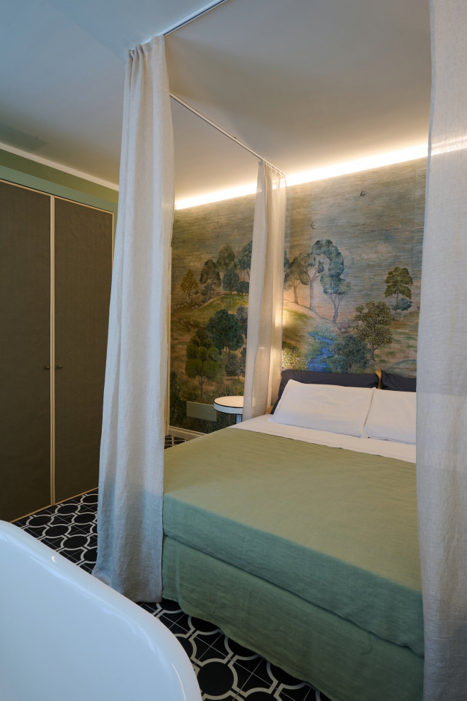 Inspiration for a contemporary master bedroom in Other with green walls, black floors and wallpapered walls.