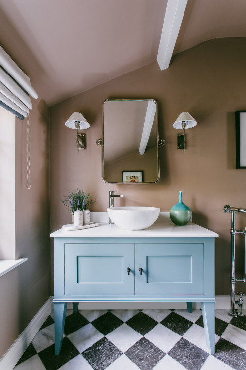 Blue Vanity with Vessel Sink and Checkerboard Flooring