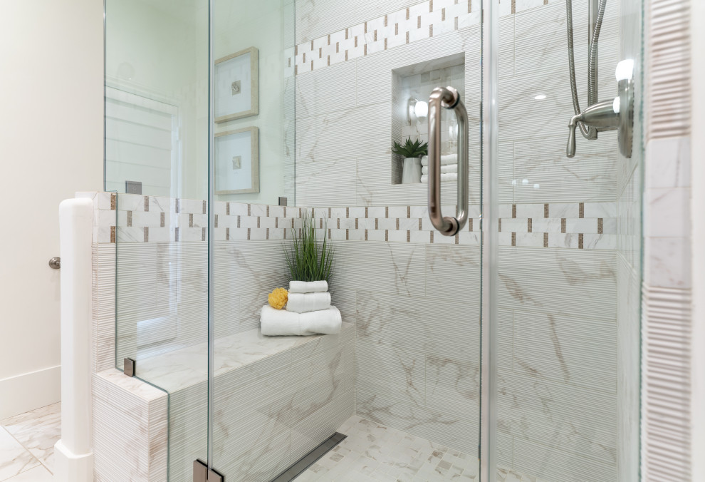 Example of a mid-sized trendy white tile and porcelain tile porcelain tile, white floor and single-sink bathroom design in Minneapolis with flat-panel cabinets, beige cabinets, a one-piece toilet, an undermount sink, quartz countertops, a hinged shower door, white countertops and a built-in vanity