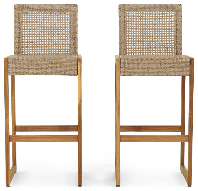 Resaca Outdoor Wicker Barstools, Set of 2, Light Multi-Brown and Teak