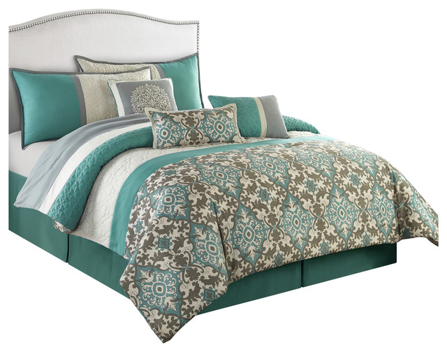 Reina 7Piece Comforter Set, Teal Mediterranean Comforters And
