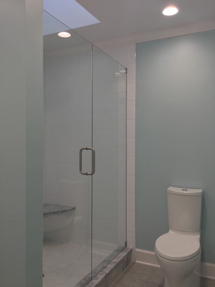 Inspiration for a mid-sized transitional master white tile and subway tile alcove shower remodel in Raleigh with a one-piece toilet and a hinged shower door