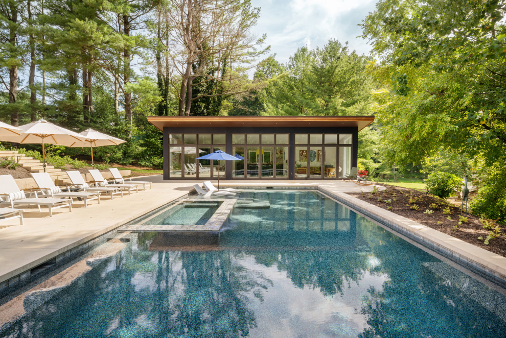 Стильный дизайн: большой прямоугольный бассейн на заднем дворе в стиле ретро с домиком у бассейна - последний тренд