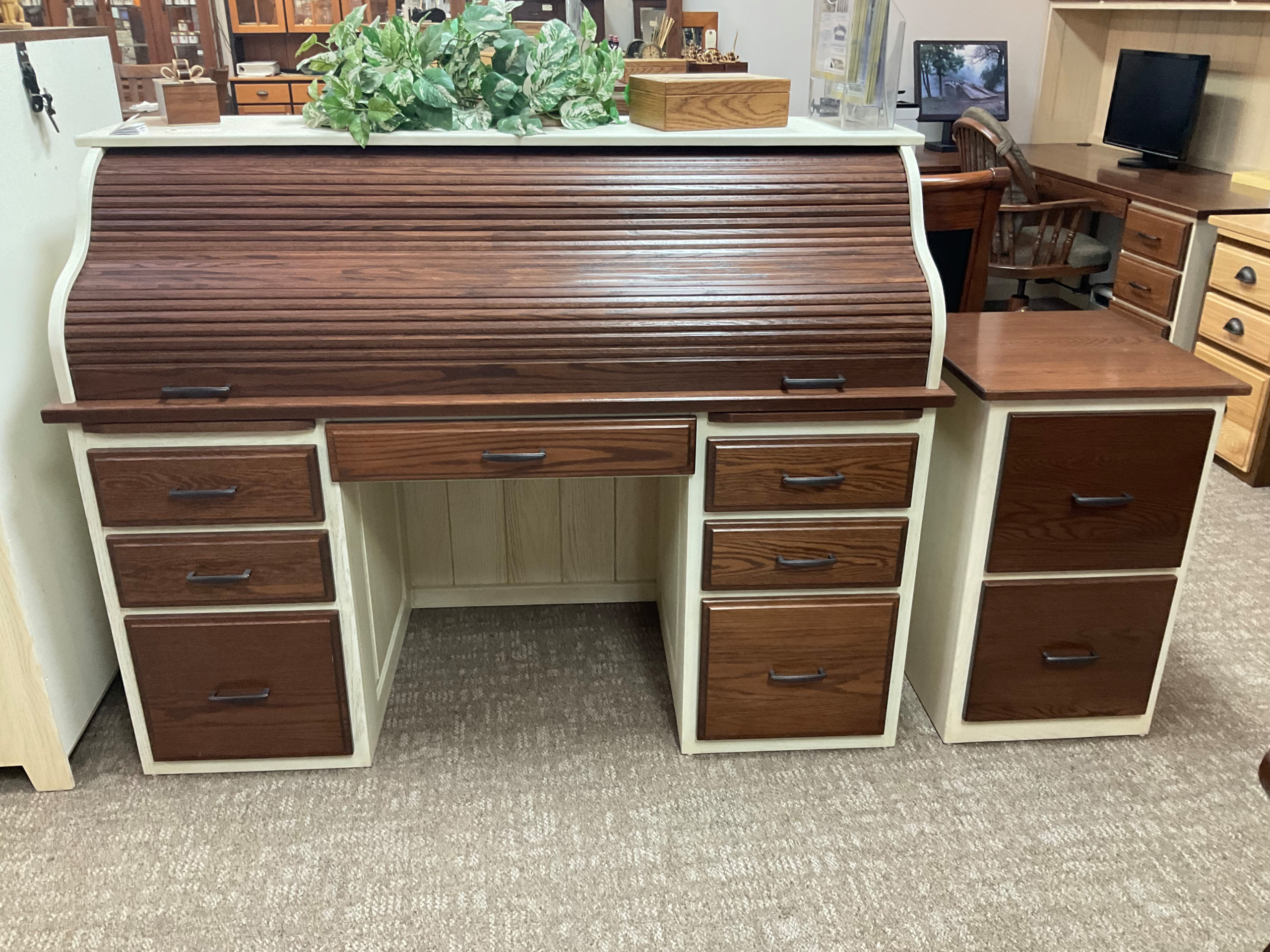 2 tone roll top desk and 2-drawer file