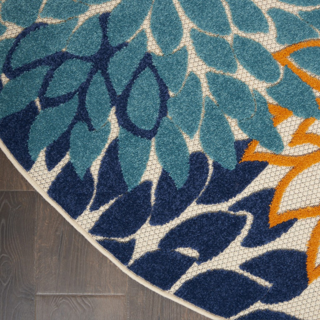8' Round Ivory And Blue Round Floral Indoor Outdoor Area Rug ...