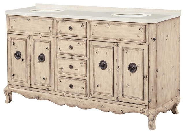 67 Inch Distressed Bathroom Vanity with Double Sink, Marble Top, Traditional
