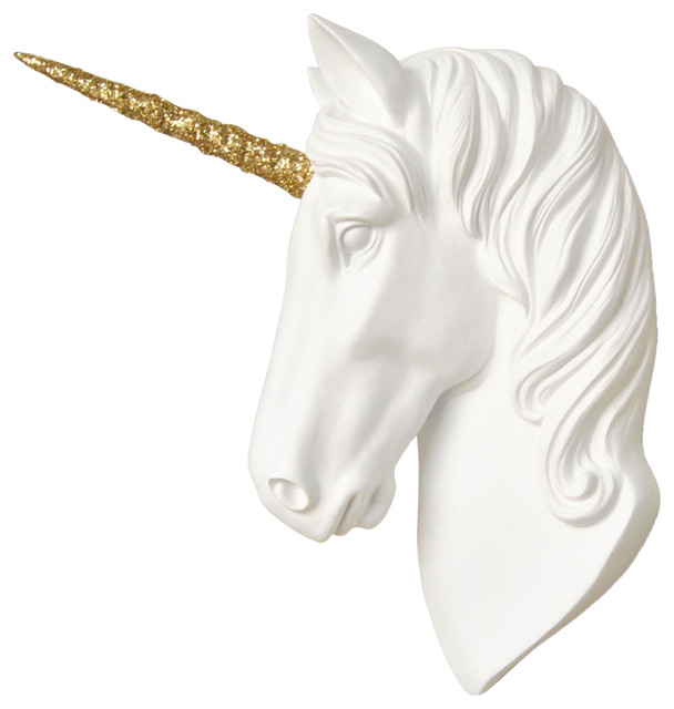 Contemporary Faux Taxidermy White Unicorn Gold Horn Home or gifts idea