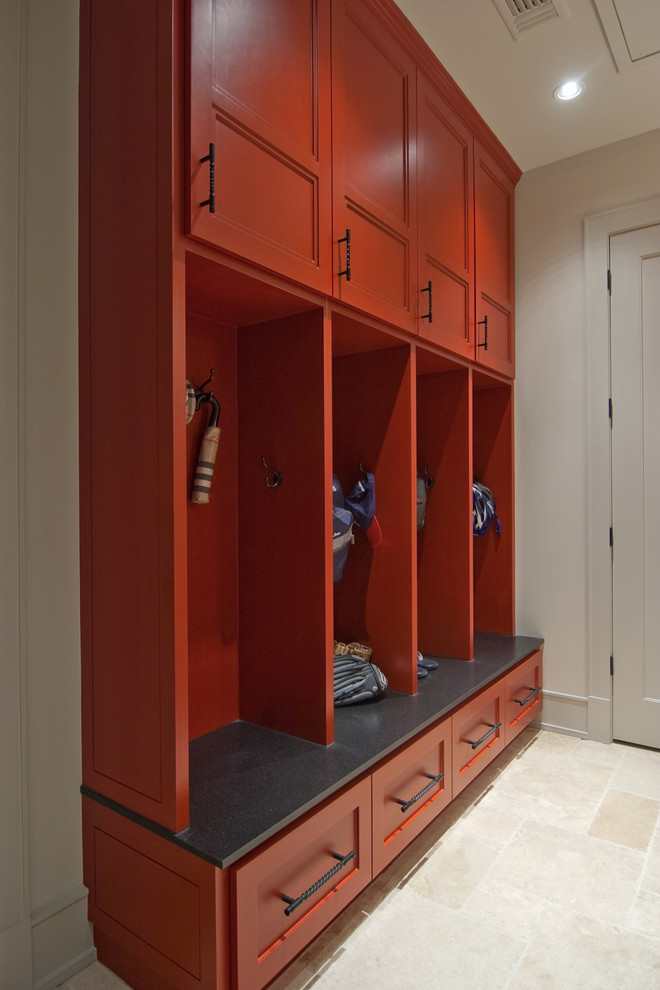 This is an example of a small traditional mudroom in Houston with white walls, ceramic floors, a single front door, a white front door and beige floor.