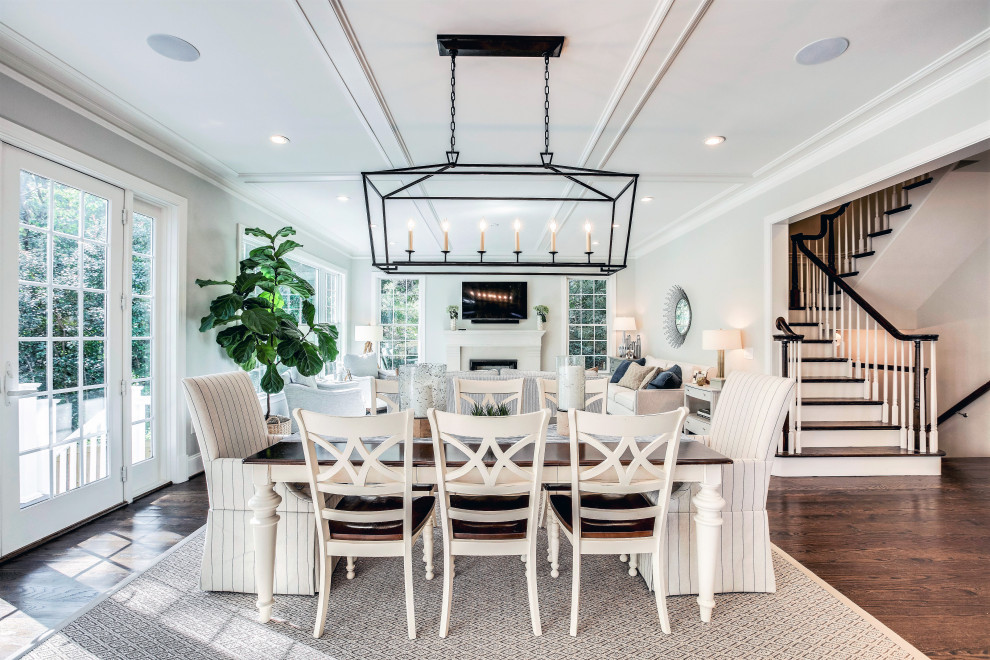 Design ideas for a traditional open plan dining in DC Metro with grey walls, dark hardwood floors and brown floor.