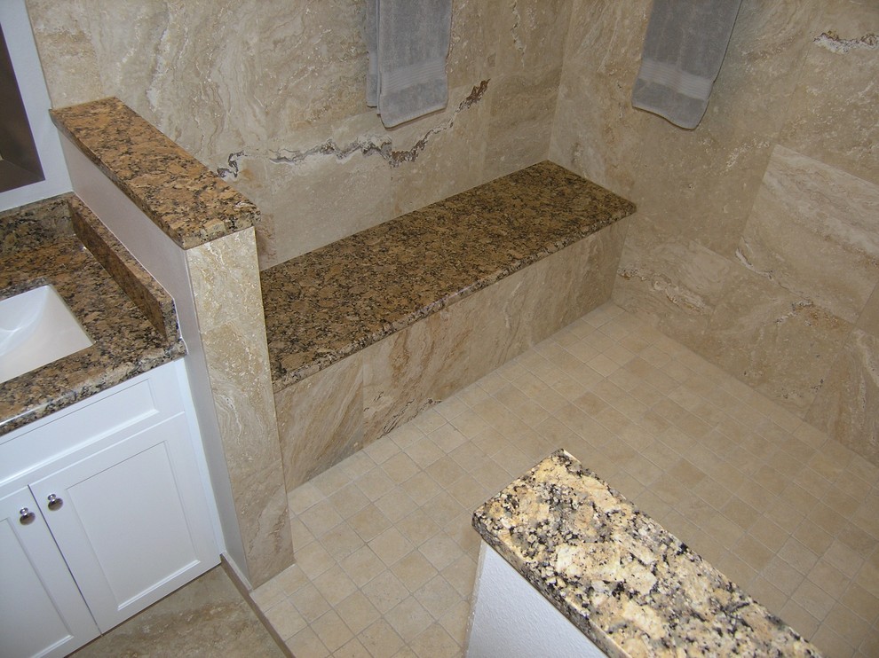 Inspiration for a mid-sized traditional master bathroom in Tampa with shaker cabinets, white cabinets, an alcove tub, an alcove shower, a one-piece toilet, beige tile, beige walls, an undermount sink, granite benchtops, beige floor, travertine, travertine floors and an open shower.