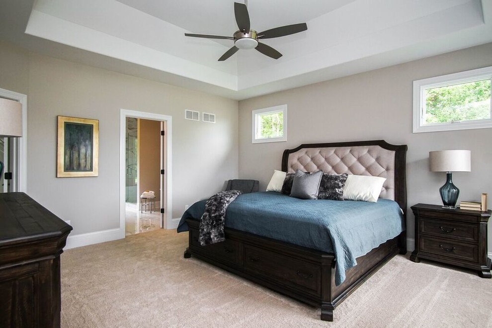 Example of a transitional master carpeted and blue floor bedroom design in Chicago with gray walls and no fireplace