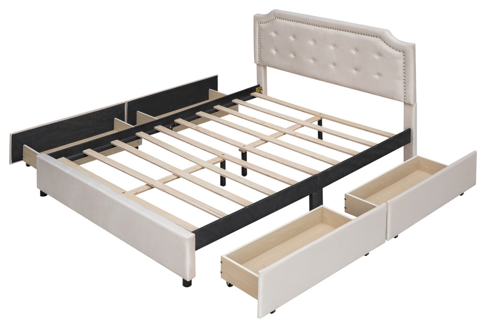 Platform Bed With Headboard & 4 Drawers, Velvet Fabric Queen Size Beige Transitional
