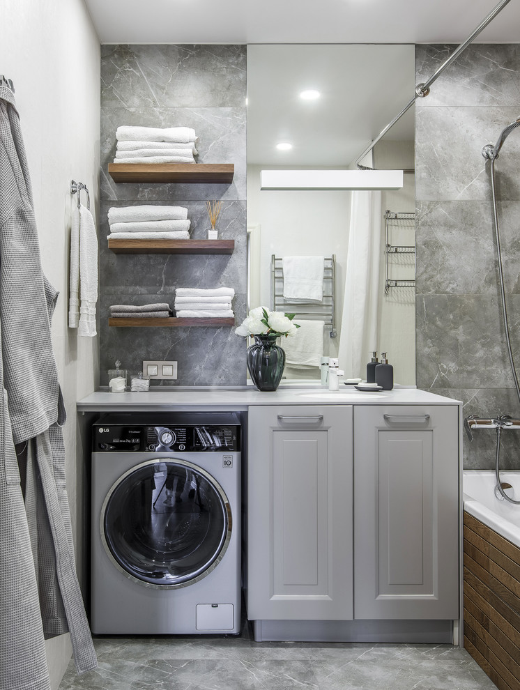Design ideas for a small transitional bathroom in Other with an undermount tub, a shower/bathtub combo, a wall-mount toilet, gray tile, white walls, porcelain floors, an undermount sink, grey floor and a shower curtain.