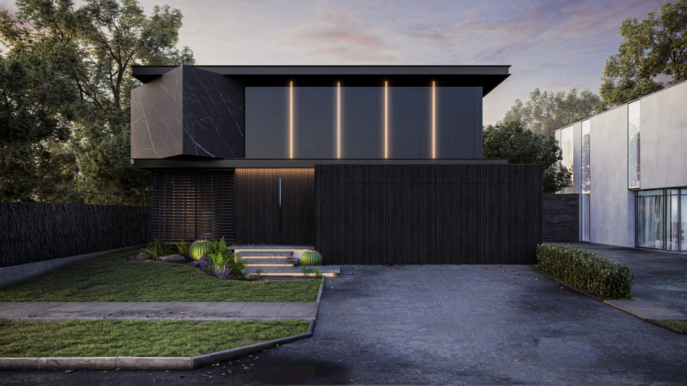 Inspiration for a mid-sized contemporary two-storey black house exterior in Perth with wood siding, a flat roof, a metal roof, a black roof and board and batten siding.