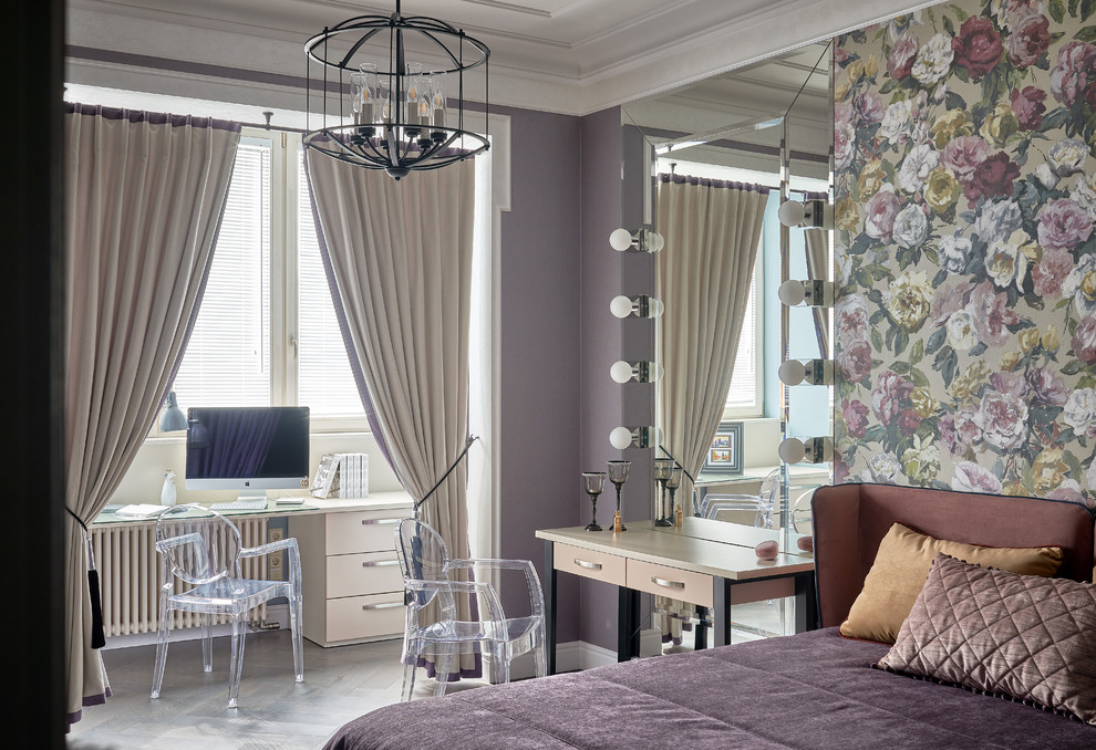 Transitional bedroom in Other with purple walls, medium hardwood floors and grey floor.