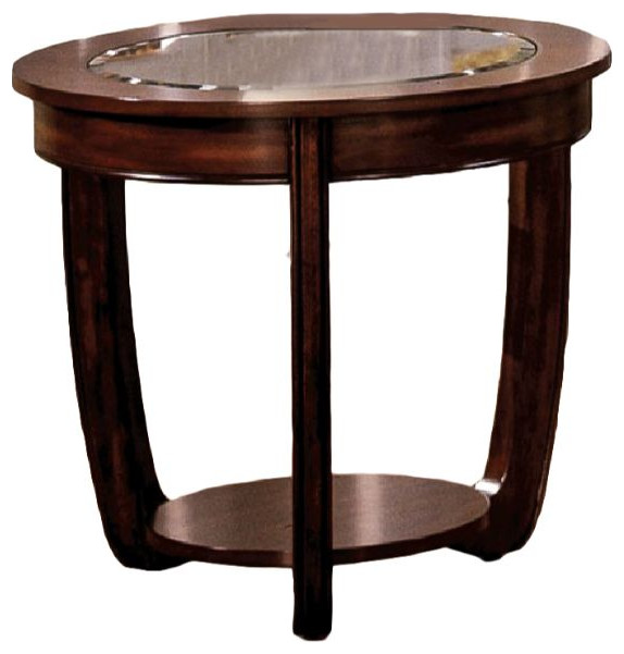 Wooden End Table With Beveled Glass Top, Dark Cherry Transitional