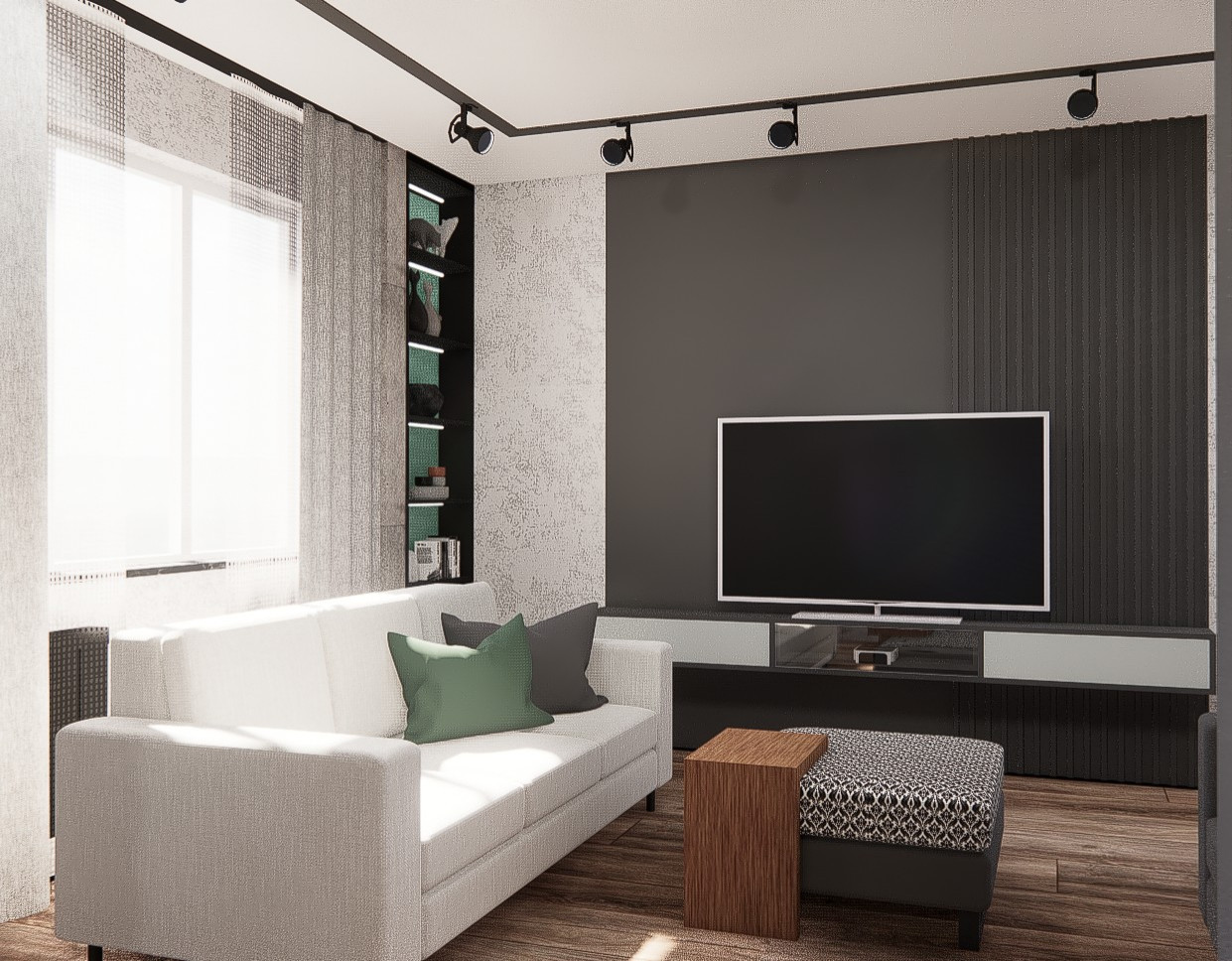 Графичный интерьер с элементами брутализма