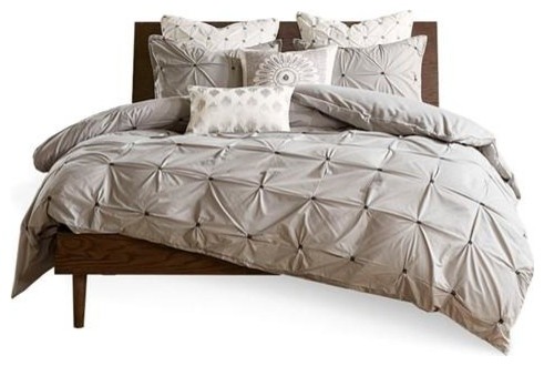 Ink Ivy 3 Piece Elastic Embroidered Cotton Duvet Cover Set In Gray