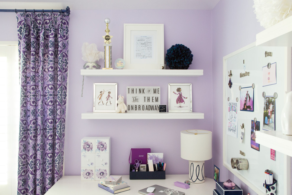 The Davis Home - Girls Bedroom who loves musical theatre. Painted in Sherwin Williams potentially Purple. Upholstered Daybed Custom Drapery and nightstands.