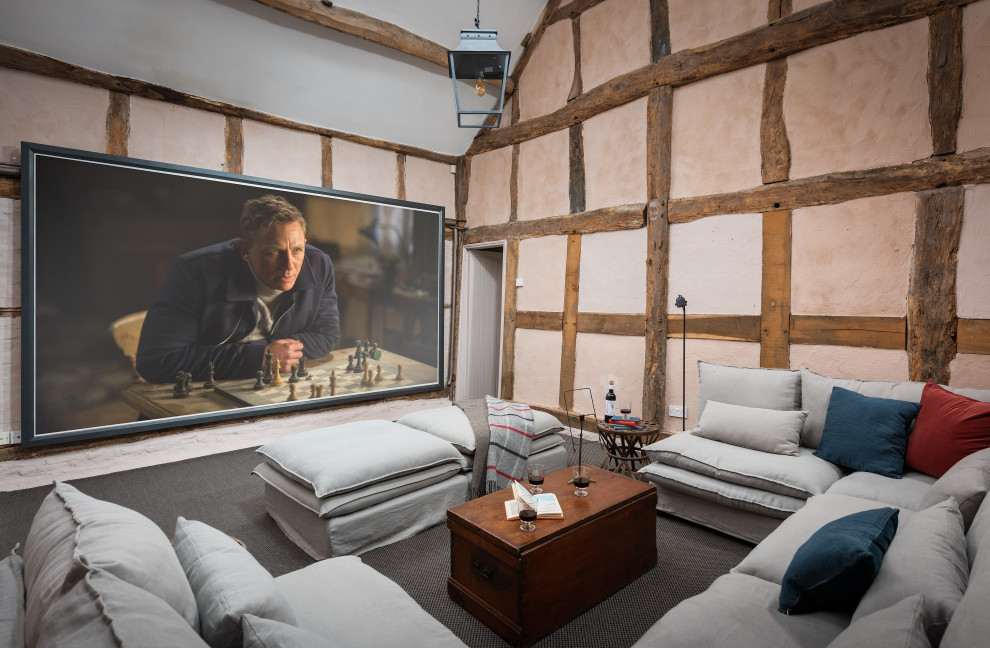 Farmhouse home cinema in Cornwall with feature lighting.