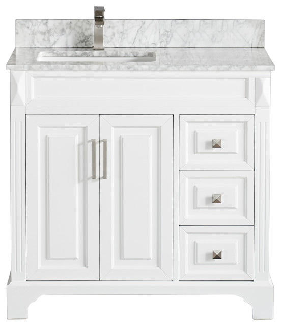 36 Vanity Wood With White Marble, 36 Inch Vanity With Left Side Drawers