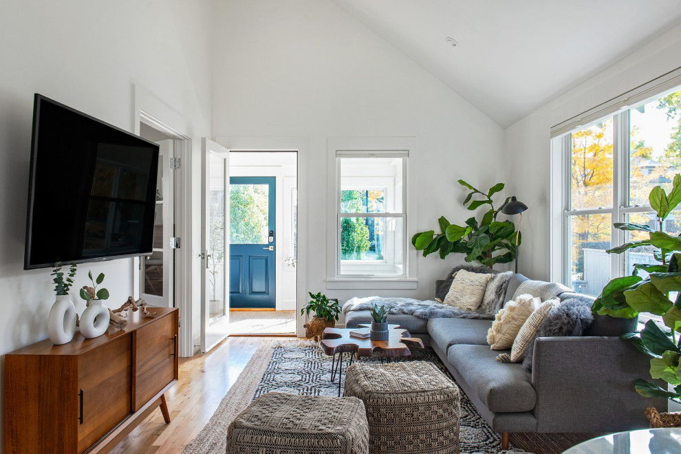 Идея дизайна: маленькая гостиная комната в стиле модернизм с белыми стенами, светлым паркетным полом, телевизором на стене и сводчатым потолком для на участке и в саду