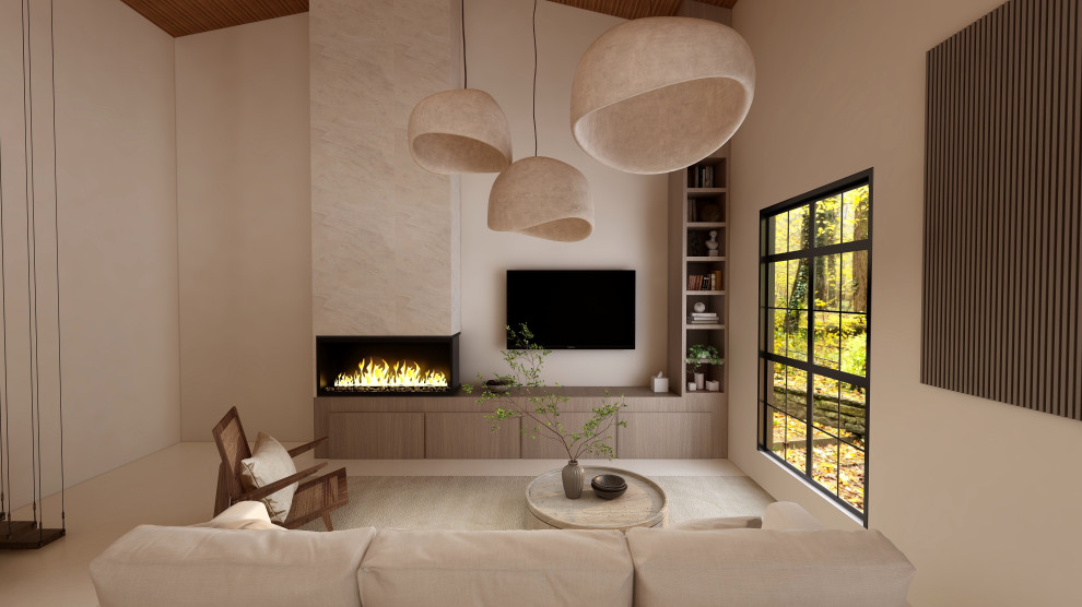 Inspiration for a large contemporary open concept living room in Other with a library, beige walls, concrete floors, a ribbon fireplace, a stone fireplace surround, a wall-mounted tv, beige floor and wood.