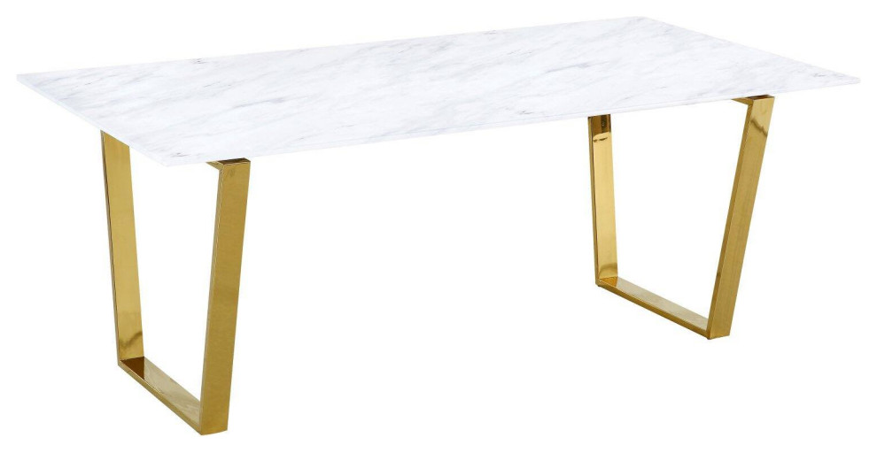 Modern Dining Table, Gold Metal Legs With Rectangular Marble Top, White