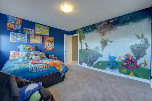 Medium sized contemporary children’s room for boys in Edmonton with multi-coloured walls and carpet.