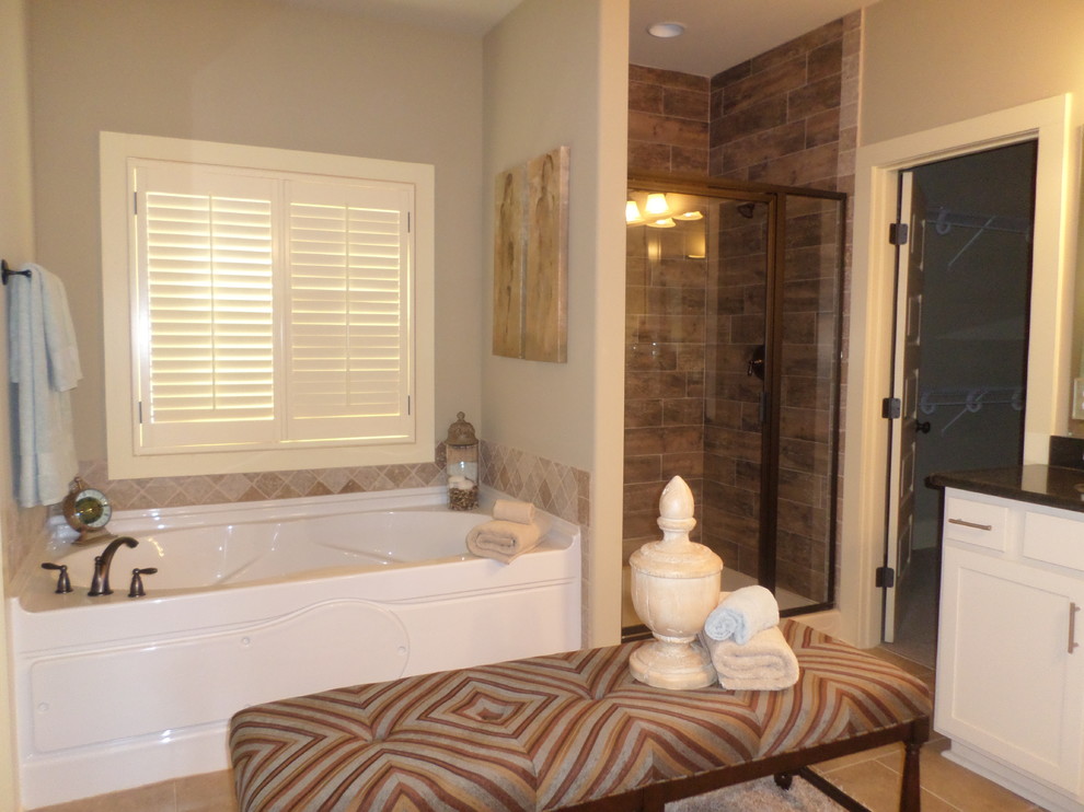 Alcove bathtub - mid-sized transitional master beige tile and ceramic tile ceramic tile alcove bathtub idea with shaker cabinets, white cabinets and beige walls