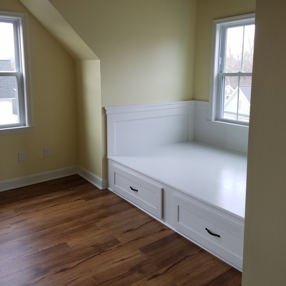 Inspiration for a large timeless loft-style vinyl floor home design remodel with yellow walls