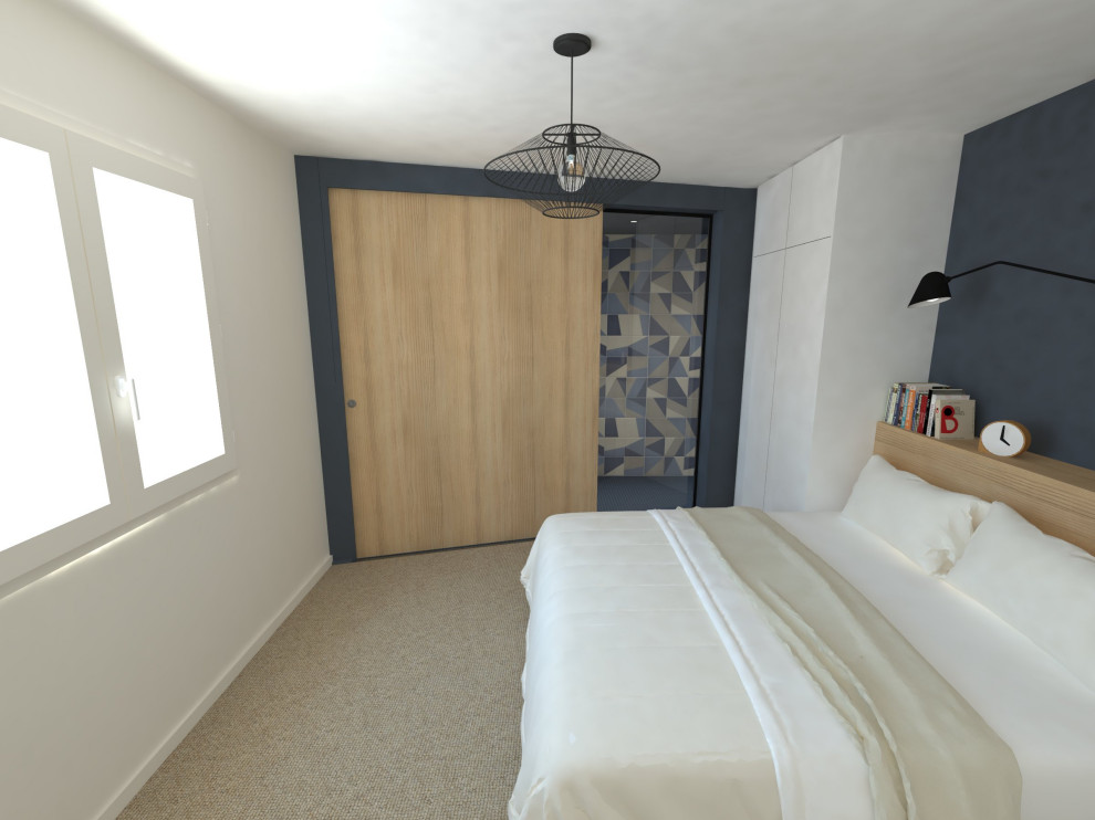 This is an example of a small modern master bedroom in Other with beige floor.