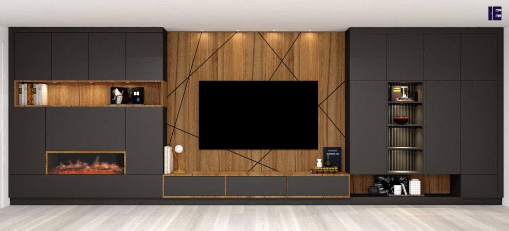 Diseño de cine en casa abierto moderno pequeño con paredes blancas, suelo de contrachapado, pared multimedia y suelo blanco