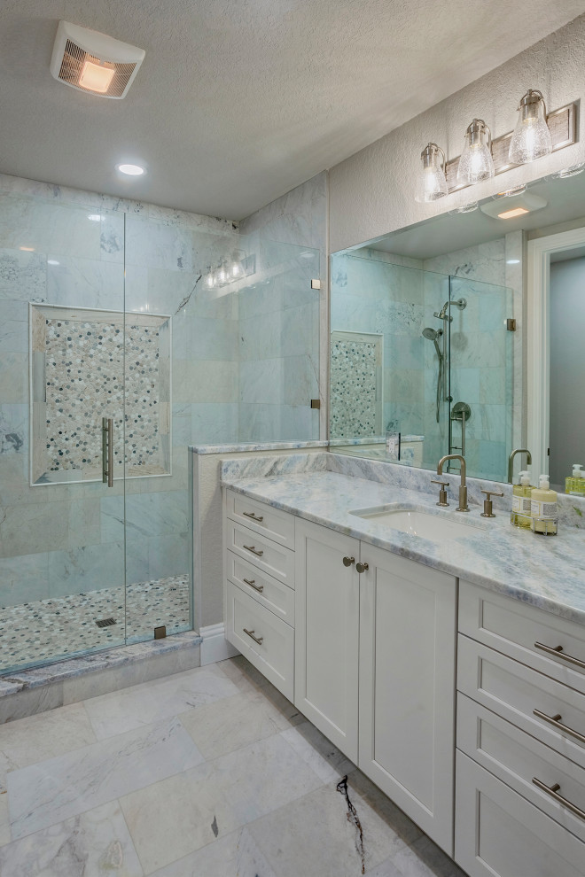 Sleek Marble Bathroom with Custom Shower and Dual Vanity Design ...